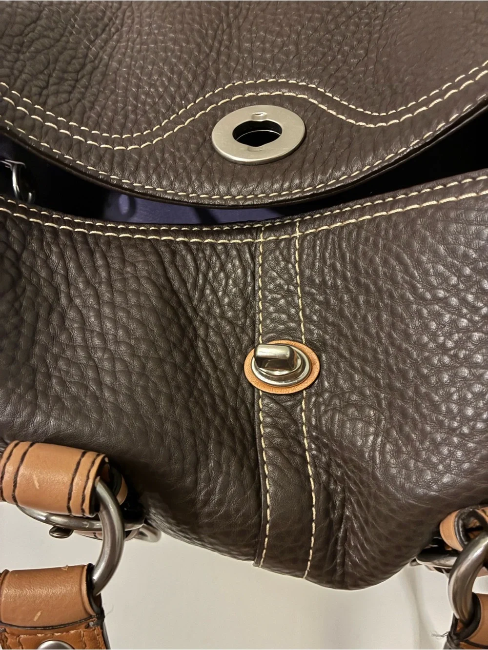 Women’s Brown Leather Tote with Tan Strap Accents